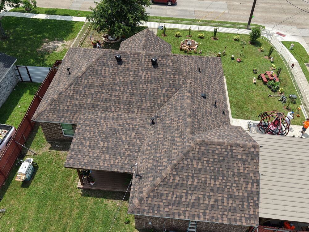 Close-up aerial detail of finished shingle roof